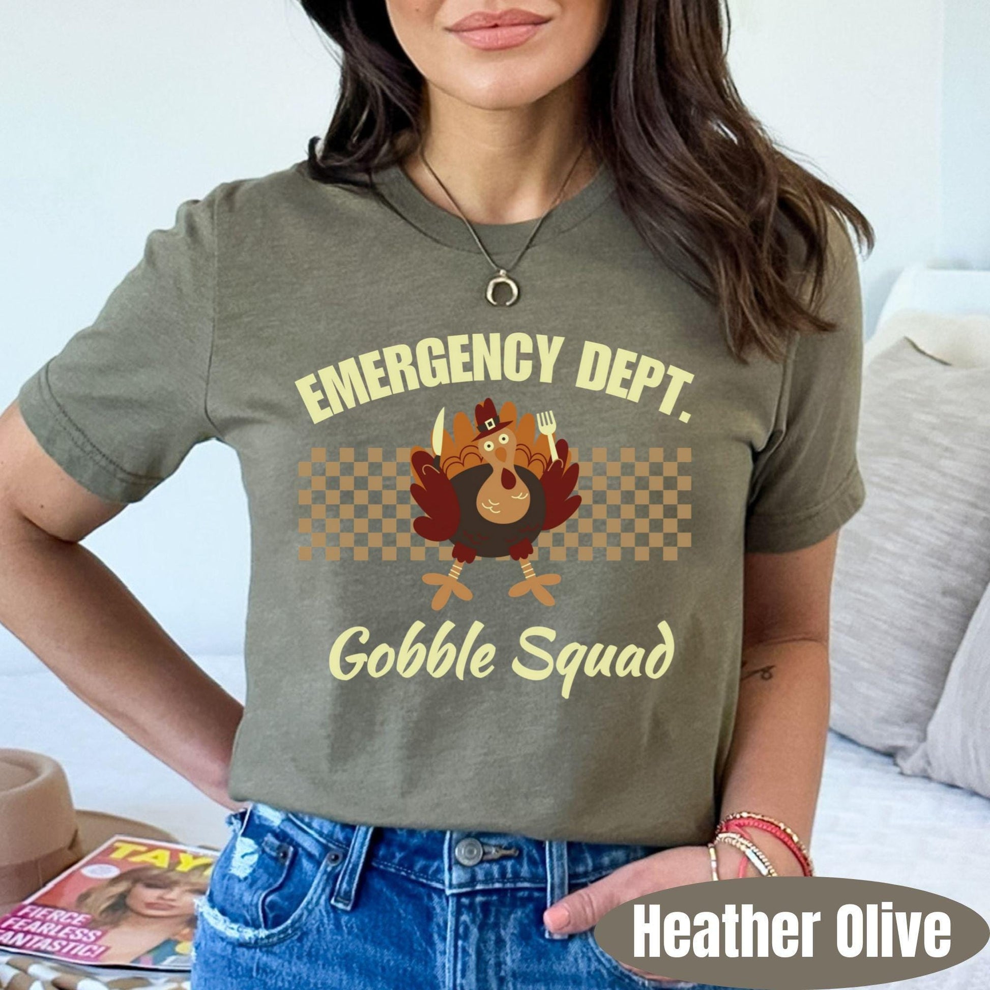 Emergency Department Gobble Squad Thanksgiving t-shirt with cute turkey and checkerboard design.