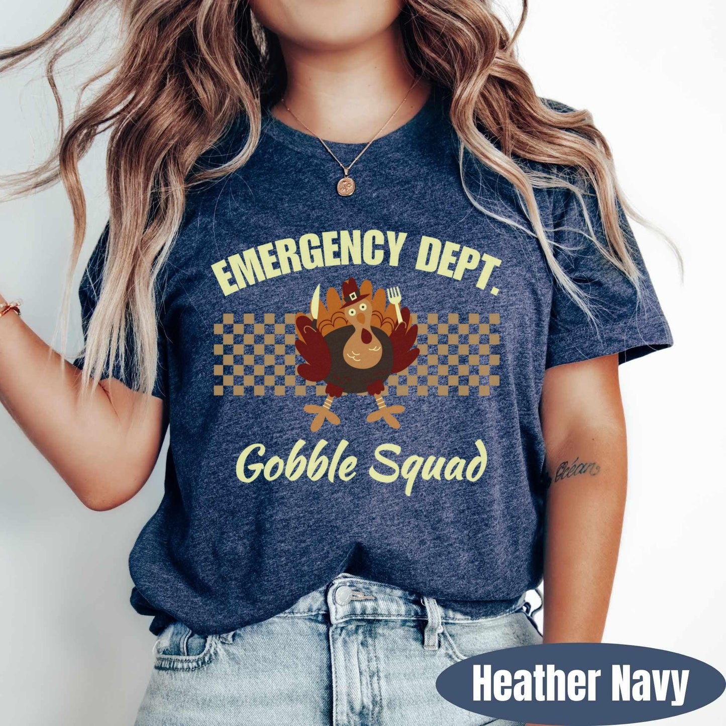 ER Tech Thanksgiving shirt. Gobble Squad text with a cute turkey graphic.