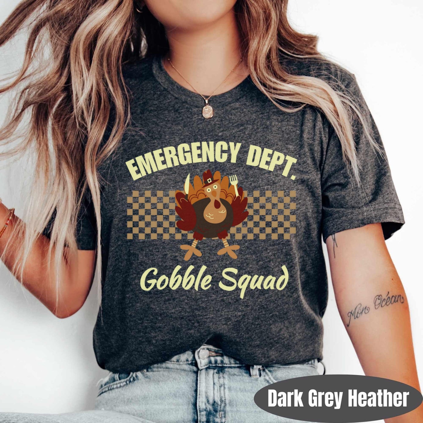 Emergency department tshirt with yellow font with a Turkey for Thanksgiving in the ER.