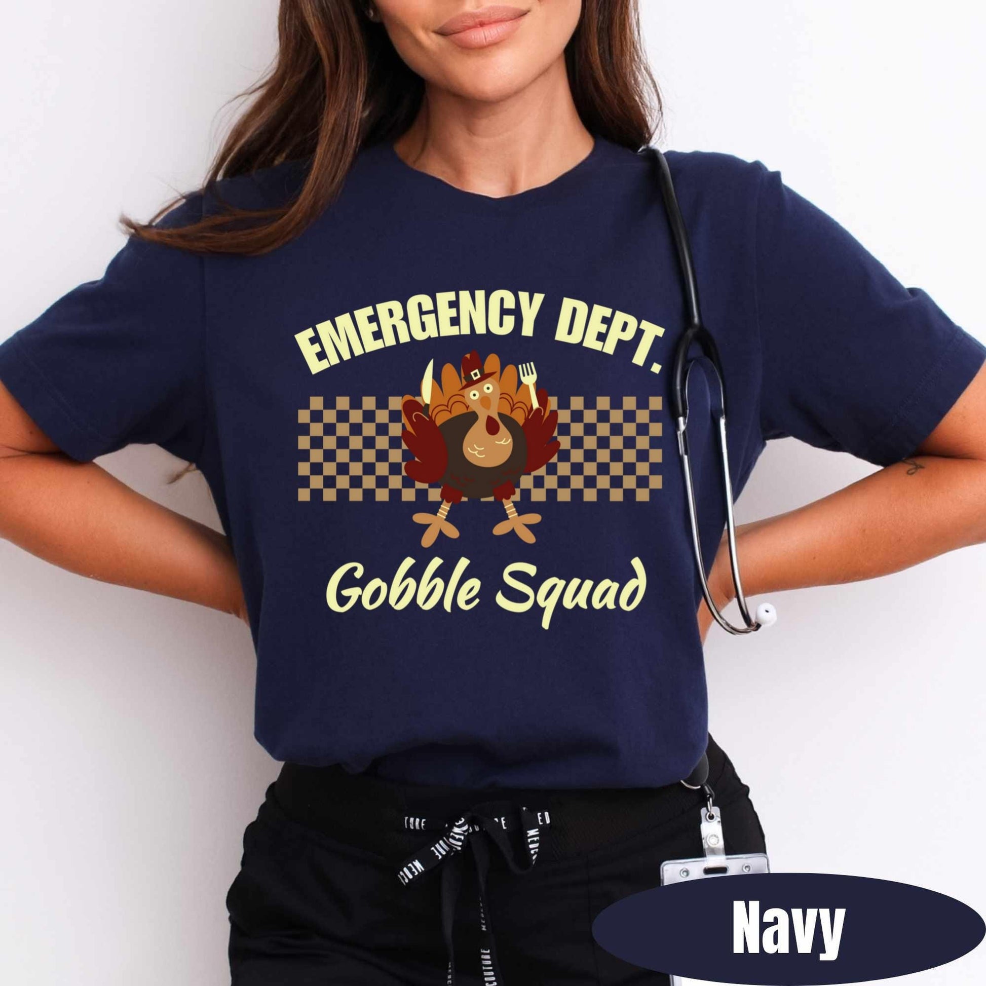 Emergency Department Gobble Squad Thanksgiving t-shirt with cute turkey and checkerboard design.