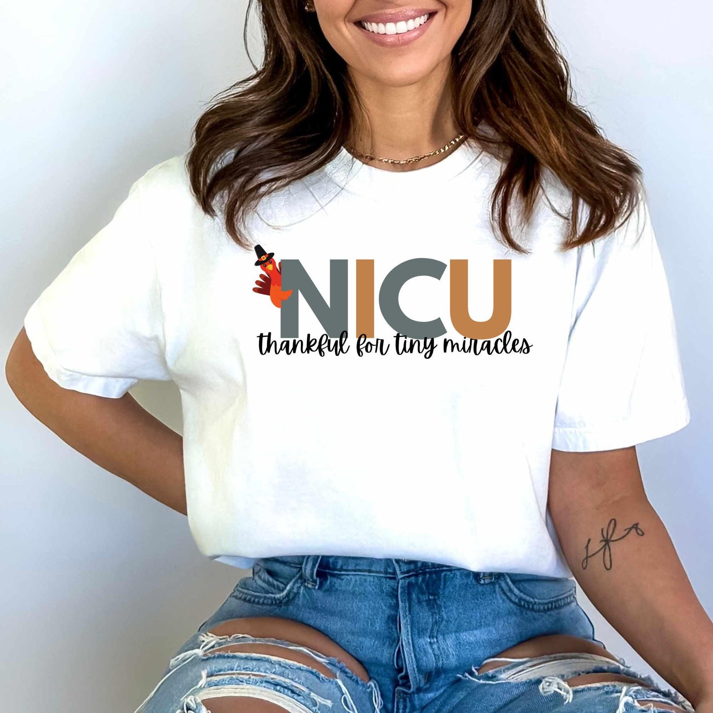 Shirt with “NICU thankful for tiny miracles” fall graphic — NICU Thanksgiving team shirt for nurses and staff