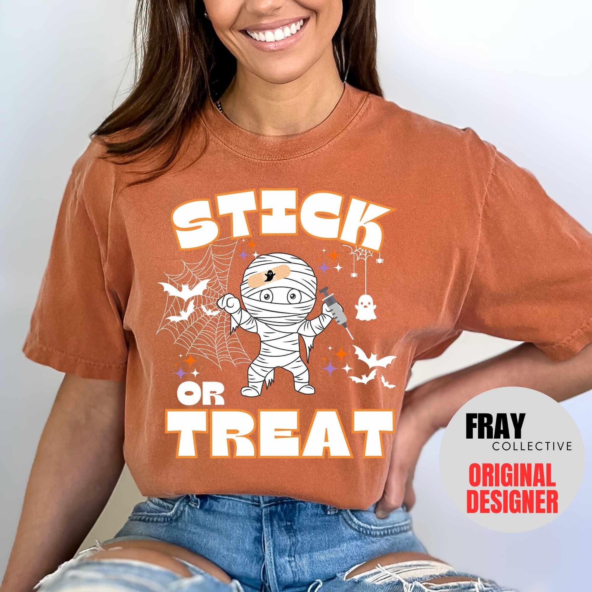 Comfort Colors Stick Or Treat Shirt Nurse Halloween T-Shirt Spooky Ghost RN Tee Phlebotomy Tech Halloween Nurse Party Team Spooky Season ER