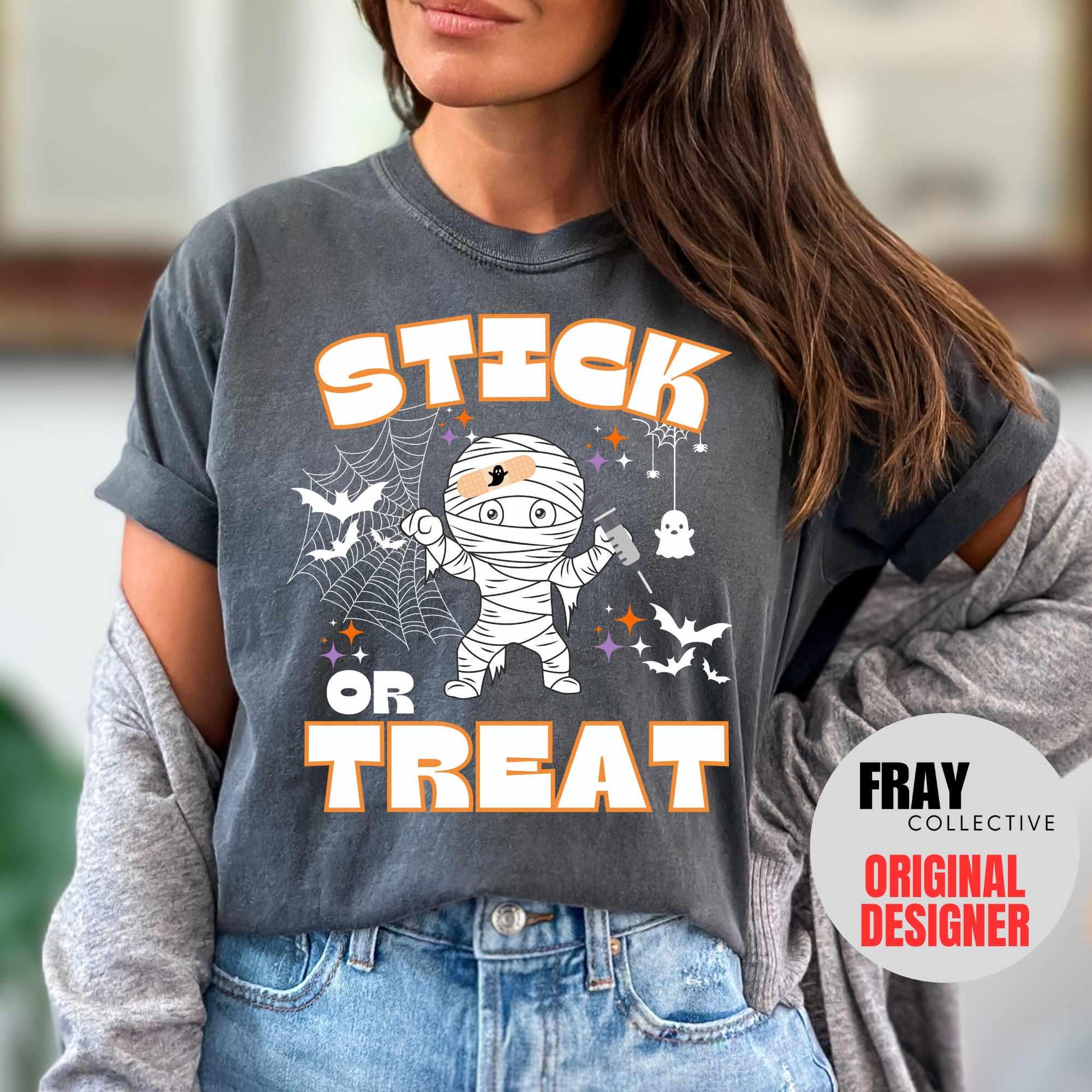 Comfort Colors Stick Or Treat Shirt Nurse Halloween T-Shirt Spooky Ghost RN Tee Phlebotomy Tech Halloween Nurse Party Team Spooky Season ER