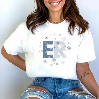 Healthcare shirt with “ER” snowflake graphic — Christmas ER team shirt for nurses and techs