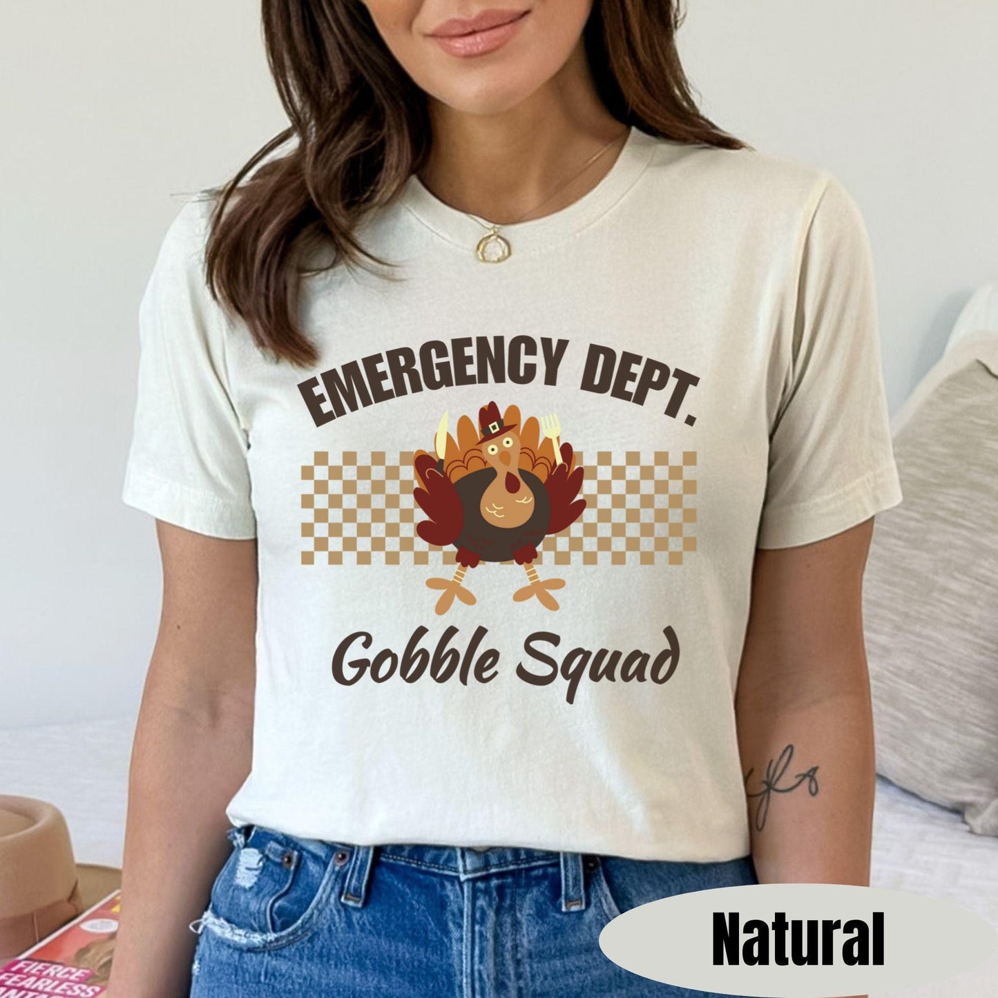Emergency Department Gobble Squad Thanksgiving t-shirt with cute turkey and checkerboard design.