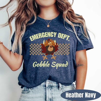 ER Tech Thanksgiving shirt. Gobble Squad text with a cute turkey graphic. 