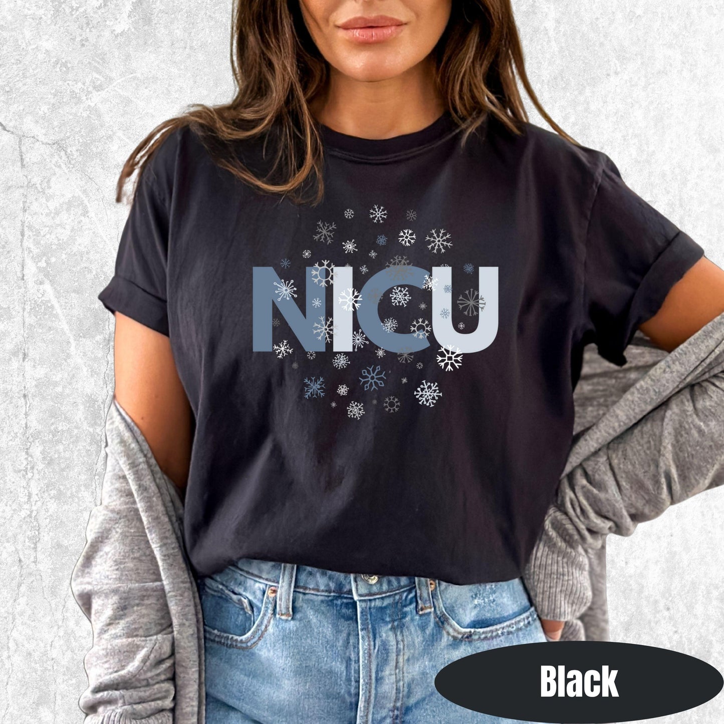 Shirt with NICU snowflake graphic — Christmas NICU team shirt for nurses and staff