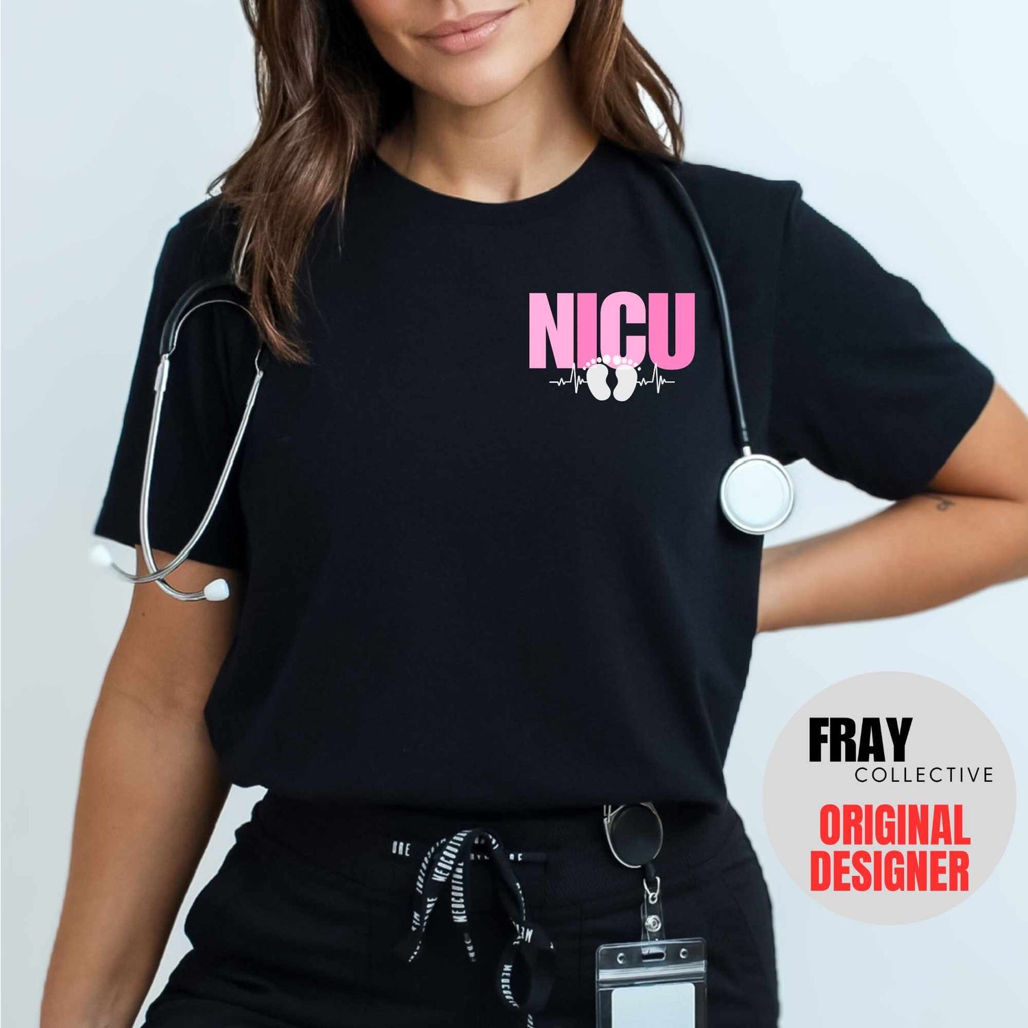 Black t-shirt with small pink “NICU” heartbeat and baby feet graphic on left chest — neonatal team shirt