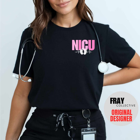 Black t-shirt with small pink “NICU” heartbeat and baby feet graphic on left chest — neonatal team shirt
