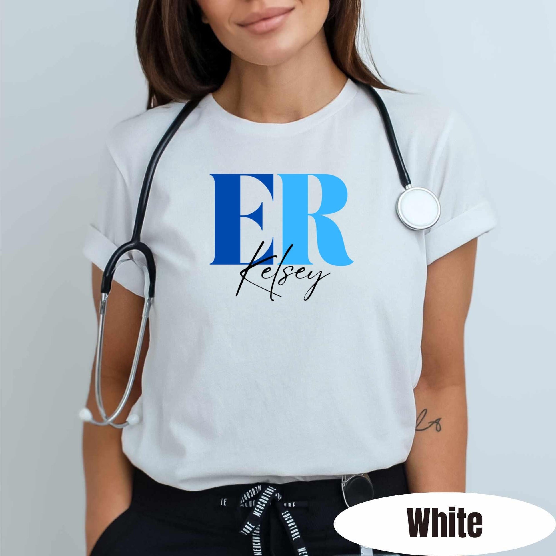 ER nurse wearing a personalized white ER tee. 