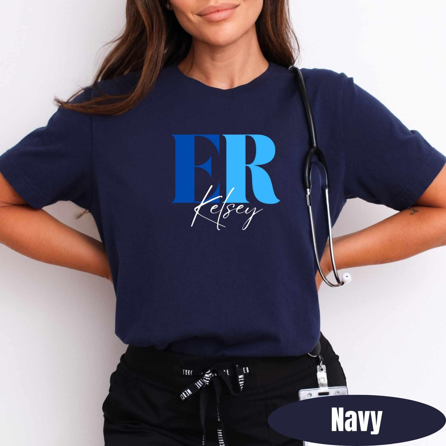 Nurse wearing a custom ER Tee for work shift. 