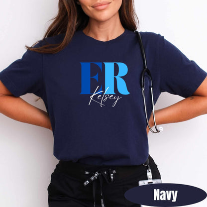 Nurse wearing a custom ER Tee for work shift. 
