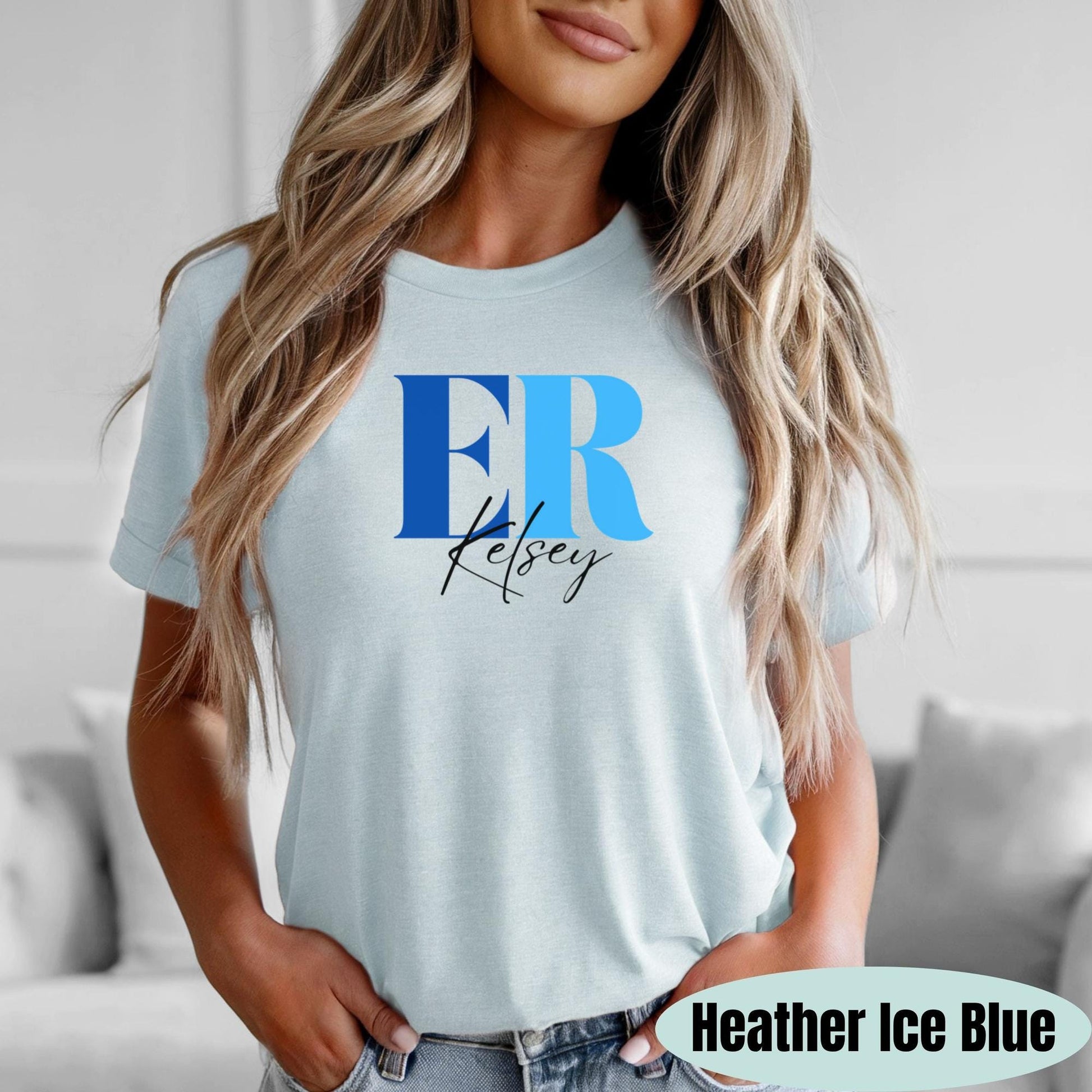 Modern Emergency Department tee. Shown in Heather Ice Blue. 