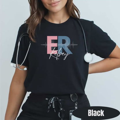 Personalized ER Nurse Shirt, Custom Name Emergency Department Tee, EKG Heartbeat Medical Gift